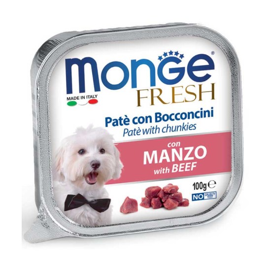 Monge Fresh paštetas su jautienos gabaliukais suaugusiems šunims 100g