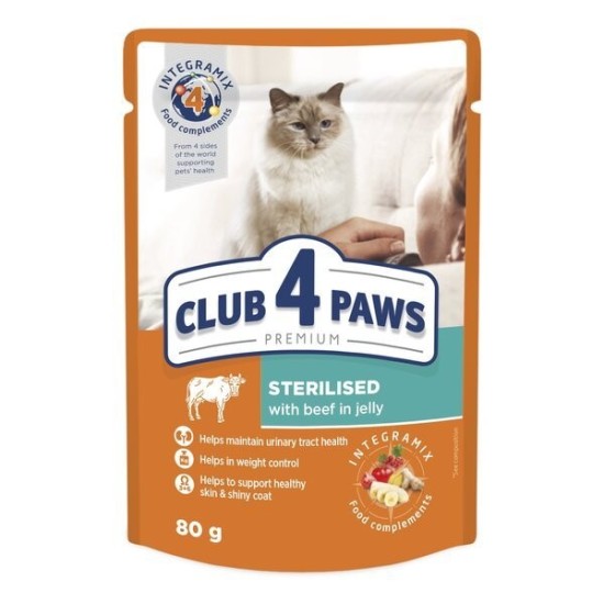 CLUB 4 PAWS Premium visavertis konservuotas ėdalas suaugusioms sterilizuotoms katėms su jautiena drebučiuose, 80 g