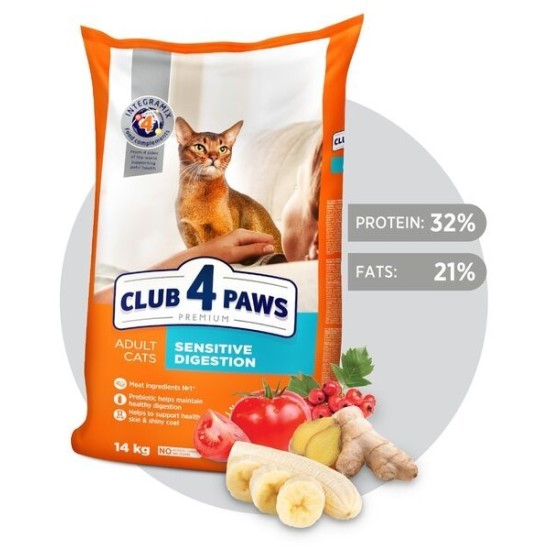 CLUB 4 PAWS Premium pilnavertis sausas maistas suaugusioms katėms jautriam virškinimui „SENSITIVE DIGESTION“ 5 kg, 14 kg