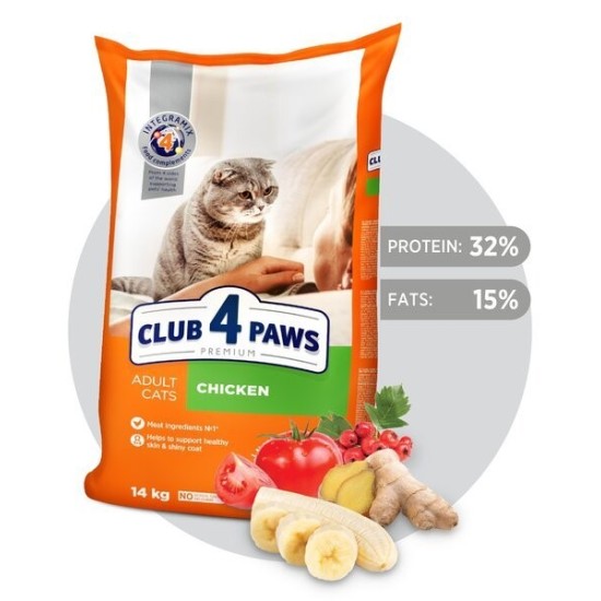 CLUB 4 PAWS PREMIUM pilnavertis sausas maistas suaugusioms katėms su vištiena 14 kg