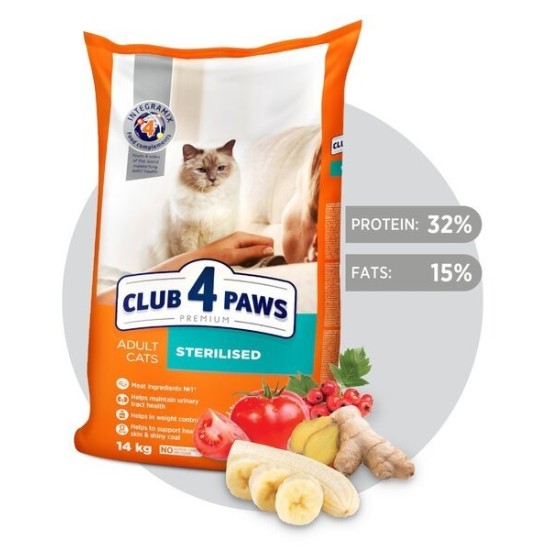 CLUB 4 PAWS Premium pilnavertis sausas maistas suaugusioms sterilizuotoms katėms "STERILIZED”   2 kg,  5 kg,  14 kg