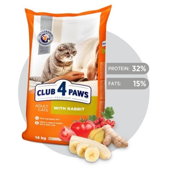 CLUB 4 PAWS PREMIUM pilnavertis sausas maistas suaugusioms katėms su triušiena 2 kg, 14 kg