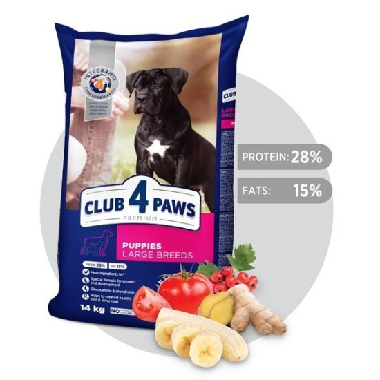 CLUB 4 PAWS Premium pilnavertis sausas maistas didelių veislių šuniukams su vištiena,  14 kg