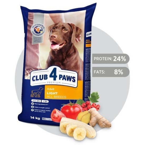 CLUB 4 PAWS Premium pilnavertis sausas ėdalas suaugusiems, visų veislių šunims svorio kontrolei „LIGHT“, 14 kg