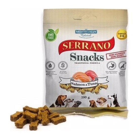 Serrano Snacks skanėstai su lašiša ir tunu natūralūs mėsos gabaliukai šunims 100 g