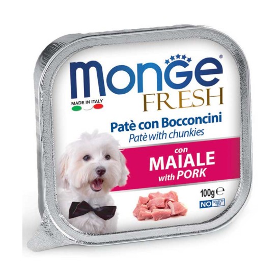 Monge Fresh paštetas su kiaulienos gabaliukais suaugusiems šunims 100g