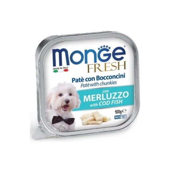 Monge Fresh paštetas su menkės gabaliukais suaugusiems šunims 100g