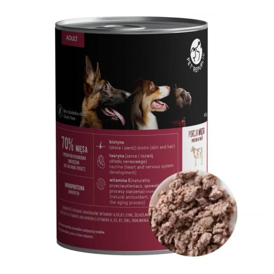 PetRepublic konservuotas ėdalas gabalėliais su veršiena padaže visų veislių šunims 400g