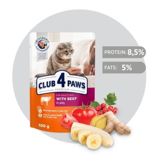 CLUB 4 PAWS Premium visavertis konservuotas ėdalas suaugusioms katėms su jautiena drebučiuose, 100 g