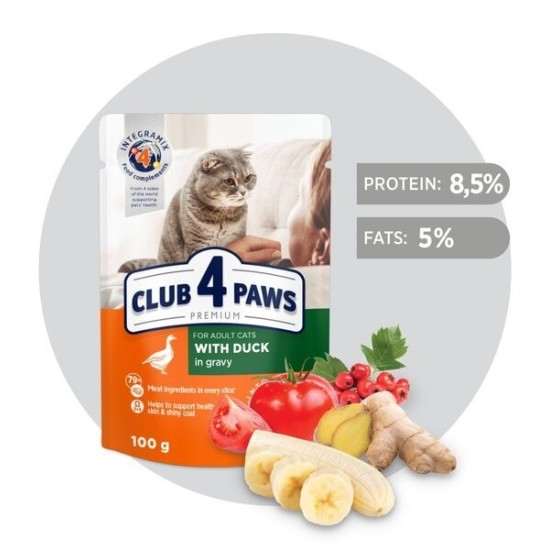CLUB 4 PAWS Premium visavertis konservuotas ėdalas suaugusioms katėms su antiena padaže, 100 g