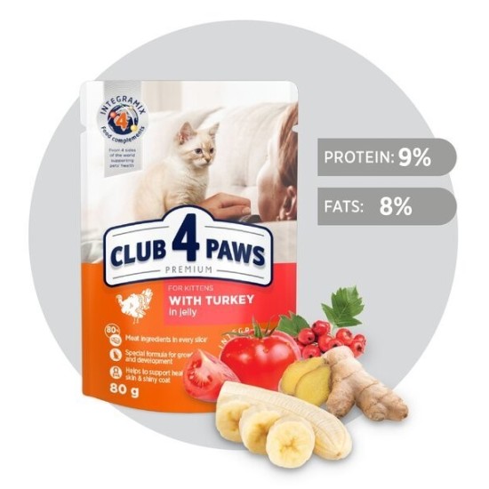 CLUB 4 PAWS Premium visavertis konservuotas ėdalas kačiukams su kalakutiena drebučiuose, 80 g