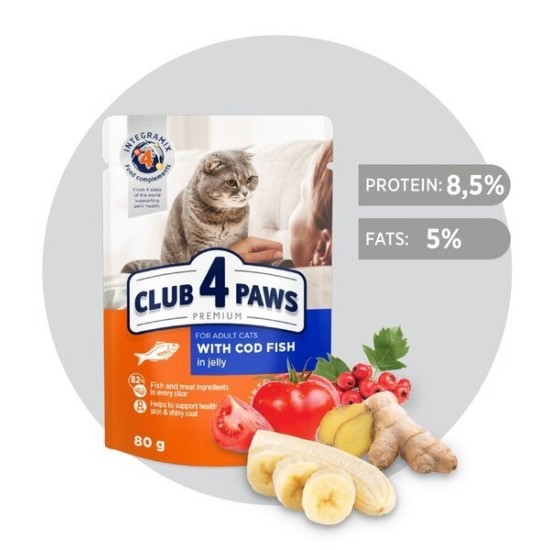 CLUB 4 PAWS Premium visavertis konservuotas ėdalas suaugusioms katėms su menke drebučiuose, 80 g