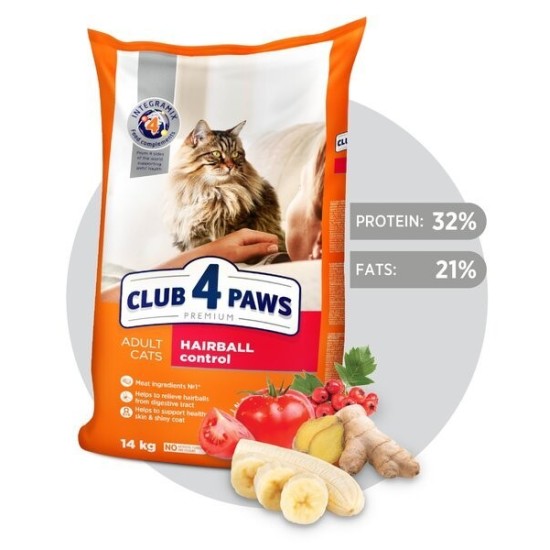 CLUB 4 PAWS PREMIUM pilnavertis sausas maistas suaugusioms katėms su vilnos pašalinimu iš virškinamojo trakto efekto „HAIRBALL CONTROL“  5kg, 14 kg