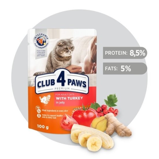 CLUB 4 PAWS Premium visavertis konservuotas ėdalas suaugusioms katėms su kalakutiena drebučiuose, 100 g