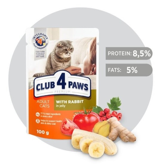 CLUB 4 PAWS Premium visavertis konservuotas ėdalas suaugusioms katėms su triušiena drebučiuose, 100 g