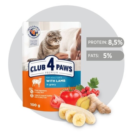 CLUB 4 PAWS Premium visavertis konservuotas ėdalas suaugusioms katėms su ėriena padaže, 100 g