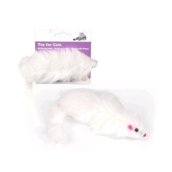Žaislas katėms, balta kailinė pelė, 15 cm