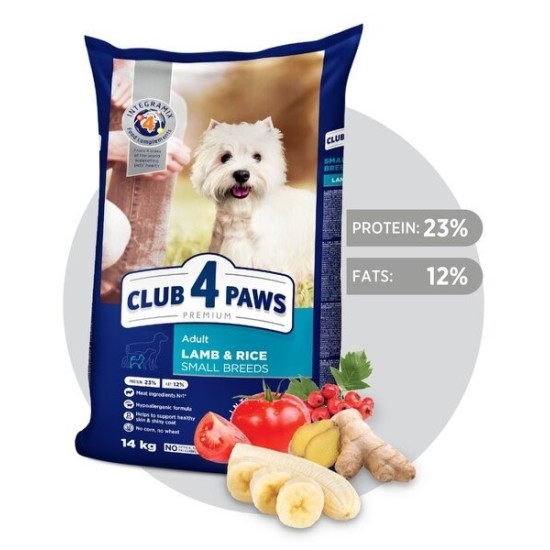 CLUB 4 PAWS Premium pilnavertis sausas hipoalerginis ėdalas suaugusiems mažos veislės šunims su ėriena ir ryžiais, 14 kg, 900 g