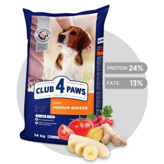 CLUB 4 PAWS Premium pilnavertis sausas ėdalas suaugusiems vidutinių veislių šunims,  14 kg, 2 kg