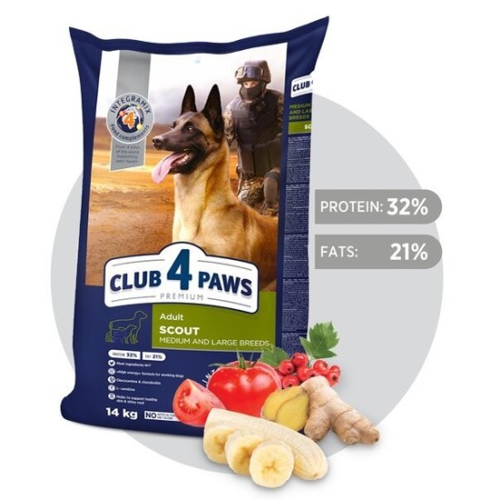 CLUB 4 PAWS Premium pilnavertis sausas maistas suaugusiems darbiniams, vidutinių ir didelių veislių šunims „SCOUT“,  5 kg 14 kg
