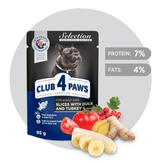 CLUB 4 PAWS Premium visavertis konservuotas ėdalas suaugusiems, mažų veislių šunims gabaliukai su antiena ir kalakutiena padaže, 85 g